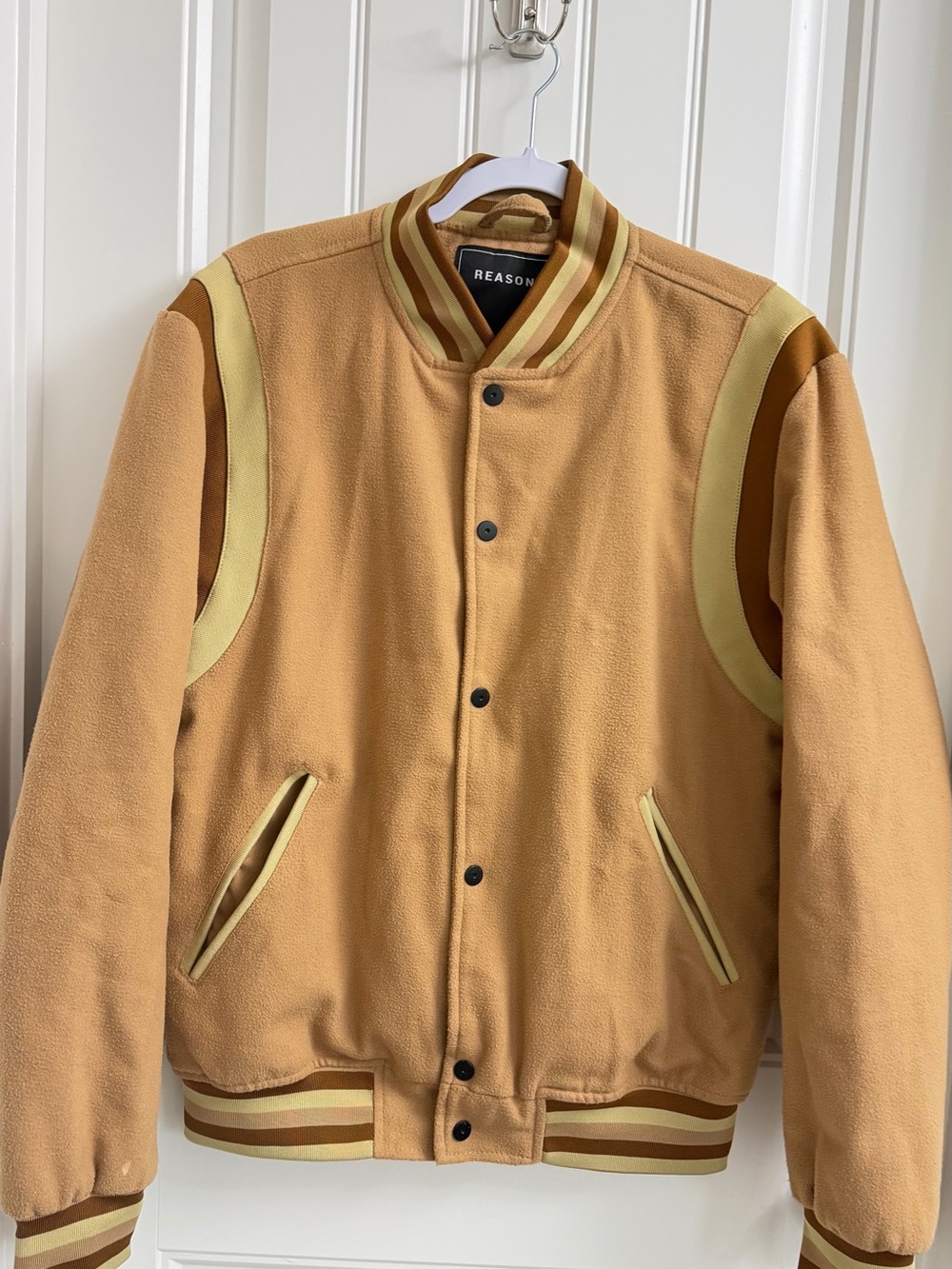 Reason Varsity Jacket in Camel & Pale Yellow